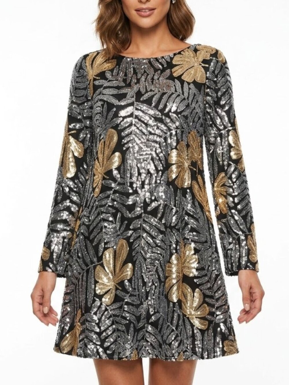 Belle Badgley Mischka Glitz Glam Sequin Floral Mini Dress Gold Silver Sz 6